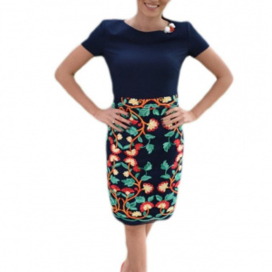 Rochie scurta de primavara-vara, bleumarin cu broderie colorata - Img 1