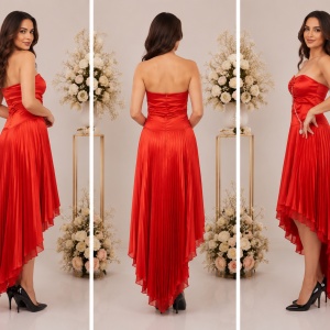 Rochie sofisticata de ocazie, rosie, cu pliuri si insertii de strass-uri - Img 3