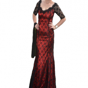 Rochie sofisticata, de ocazii, lunga, culoare rosie cu dantela neagra - Img 1