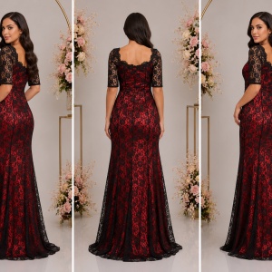 Rochie sofisticata, de ocazii, lunga, culoare rosie cu dantela neagra - Img 4