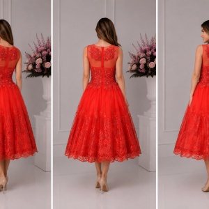 Rochie tinereasca cu croi evazat, culoare rosie, cu broderie - Img 2