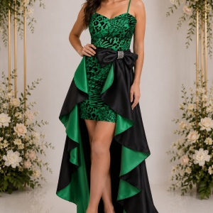 Rochie tinereasca de gala, cu design animal-print negru-verde