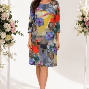 Rochie tinereasca de zi, masura mare, design de flori multicolore