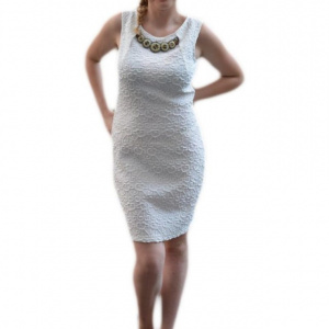 Rochie tinereasca din material cu imprimeu in tesatura, alba - Img 1