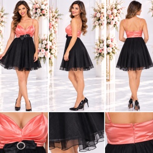 Rochie trendy de ocazie, realizata din tul negru si saten corai - Img 2