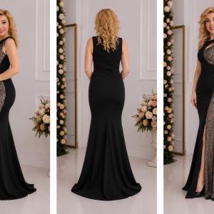 Rochie trendy de seara, model lung crapat pe picior, nuanta neagra - Img 3
