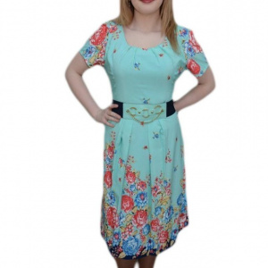 Rochie turcoaz cu flori multicolore si curea aplicata in talie - Img 1