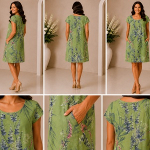 Rochie verde din 100% in cu imprimeu floral și buzunare laterale - Img 2