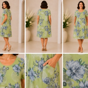 Rochie Verde Fistic cu Flori Albastre și Buzunare – Model Casual Confortabil - Img 2
