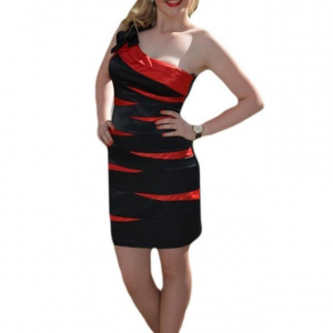 Rochii de seara scurta, neagra sin saten, cu design realizat din cute cu rosu - Img 1