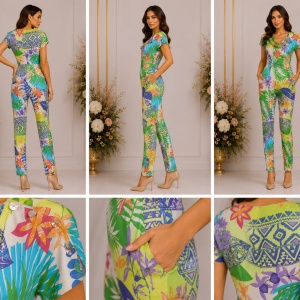 Salopetă damă elegantă cu imprimeu tropical multicolor și talie evidențiată - Img 2