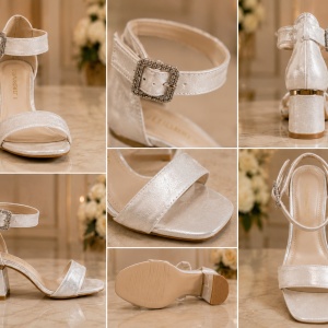Sandale elegante, nuanta de alb sidef ,cu toc mediu ,gros, cu barete - Img 3