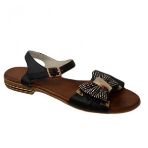 Sandale fara toc, din piele accesorizate cu o fundia cu strasuri auri - Img 1