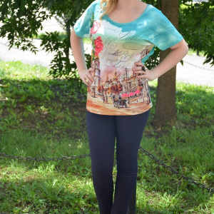 Tricou turcoaz de primavara-vara cu maneca scurta, decolteu mic - Img 2