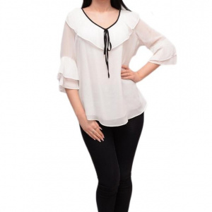 Bluza alba cu guler tip volan si snur negru, maneca larga - Img 1