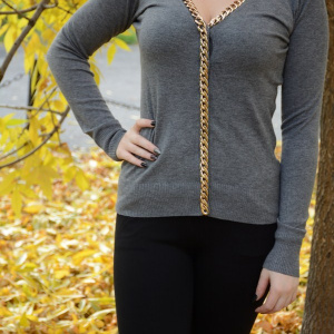 Bluza casual, gri, de marime universala, cu design auriu - Img 3