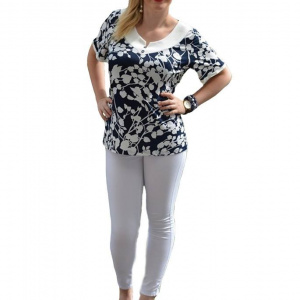 Bluza casual masura mare, bleumarin-alb, cu decolteu rotunjit - Img 1