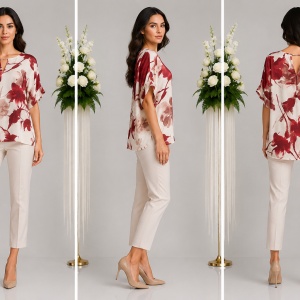 Bluză damă cu imprimeu floral bordo-maro-crem – Croială lejeră, mânecă scurtă, elegantă - Img 3