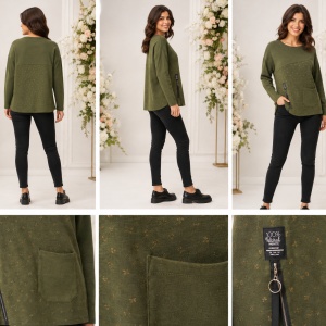 Bluză damă verde kaki cu detalii aurii, buzunar și fermoar decorativ - Img 2