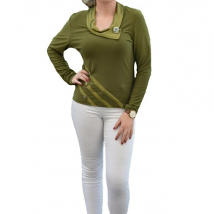 Bluza eleganta kaki, cu maneca lunga si insertii satinate - Img 1