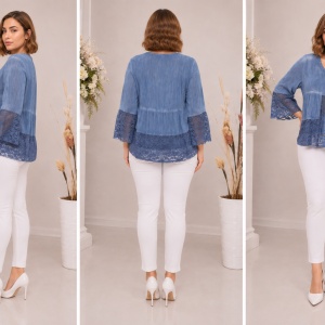 Bluza lejera Carina cu insertii de dantela, nuanta de albastru - Img 2
