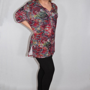 Bluza lejera de zi, model multicolor abstract cu nasturi, in nuanta de rosu - Img 4