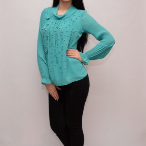 Bluza moderna cu maneca plisata si design de margele, turcoaz - Img 5
