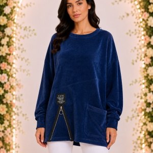 Bluză Oversized Bleumarin din Material Catifelat Raiat, cu Fermoar și Buzunar