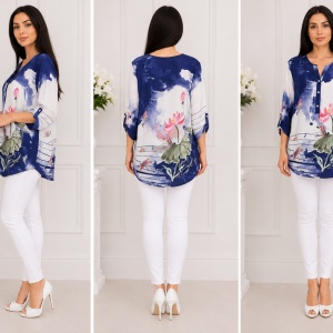 Bluza rafinata,design de nasturi, alba cu model floral - Img 3