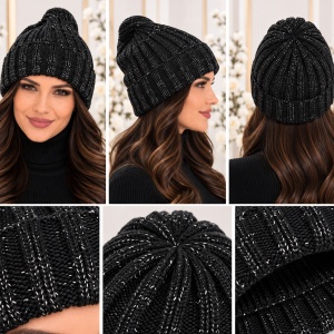 Caciula chic, simpla, de culoare neagra cu fir argintiu in tesatura - Img 2