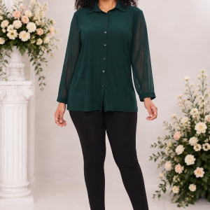 Cămașă elegantă verde smarald cu mâneci transparente