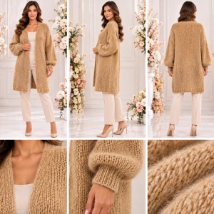 Cardigan Damă Lung Bej din Tricot cu Mohair și Lână – Model Elegant - Img 2