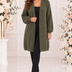 Cardigan Damă Lung Kaki din Tricot cu Mohair și Lână – Model Elegant