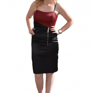 Costum de ocazie de culoare negru-rosu, cu design de dungi - Img 1