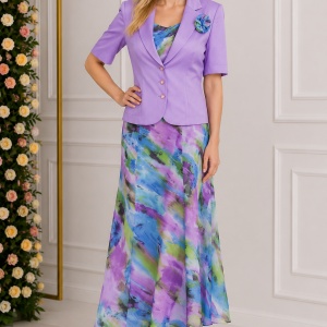 Costum elegant din voal, de culoare mov, fusta lunga si sacou