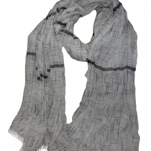 Esarfa alba cu design de dungi asimetrice de culoare negru-bej - Img 1