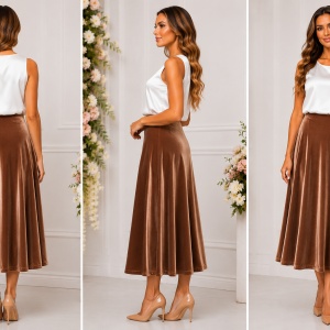 Fustă Midi Elegantă din Catifea Maro Bronz, 95% Poliester și 5% Elastan - Img 2