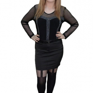Fusta neagra din material cu aspect satinat cu design de dungi - Img 1