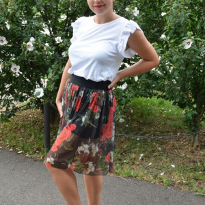Fusta Stefannie, imprimeu floral si elastic in talie, nuanta de negru - Img 4