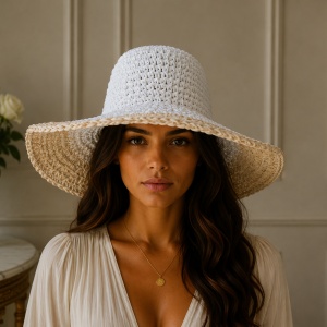 Pălărie de Damă Alb-crem cu Boruri Largi și Detalii Elegante – Accesoriu Chic pentru Vară,