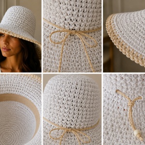 Pălărie de Damă Alb-crem cu Boruri Largi și Detalii Elegante – Accesoriu Chic pentru Vară, - Img 3