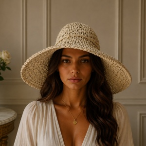 Pălărie de Damă Bej-Deschis cu Boruri Largi și Detalii Elegante – Accesoriu Chic pentru Vară,
