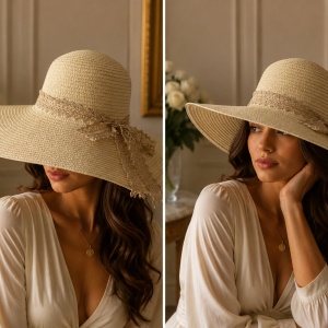 Pălărie de Damă Crem Deschis cu Boruri Largi și Detalii Elegante – Accesoriu Chic pentru Vară, - Img 2