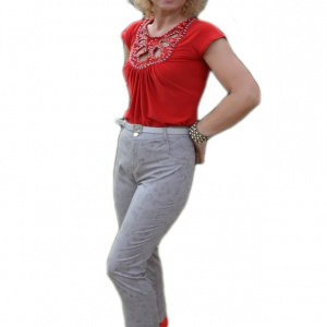 Pantalon lung de primavara-vara, nuanta bej cu flori  discrete - Img 1