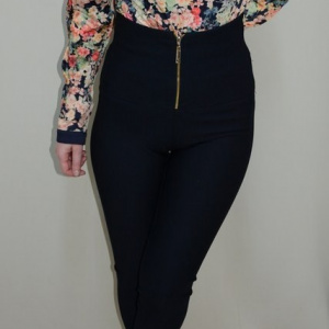 Pantalon usor elastic, nuanta de bleumarin, talie inalta, fermoar - Img 5
