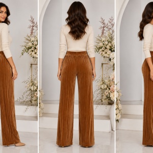 Pantaloni damă din catifea plisată, maro caramel – croi drept, talie elastică - Img 2