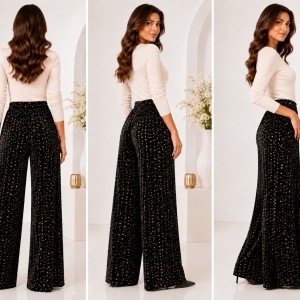 Pantaloni damă din catifea plisată neagră cu buline aurii – croi larg elegant - Img 2