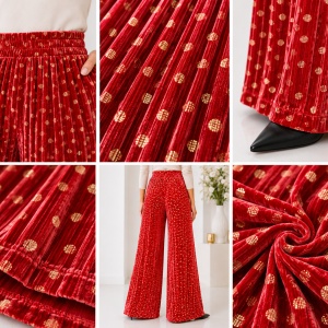Pantaloni damă din catifea plisată roșie cu buline aurii – croi larg elegant - Img 3