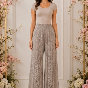 Pantaloni damă din dantelă taupe – talie înaltă, croială largă