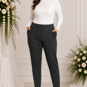 Pantaloni Damă Gri Închis Elastici cu Talie Lată, Buzunare și Detaliu Decorativ